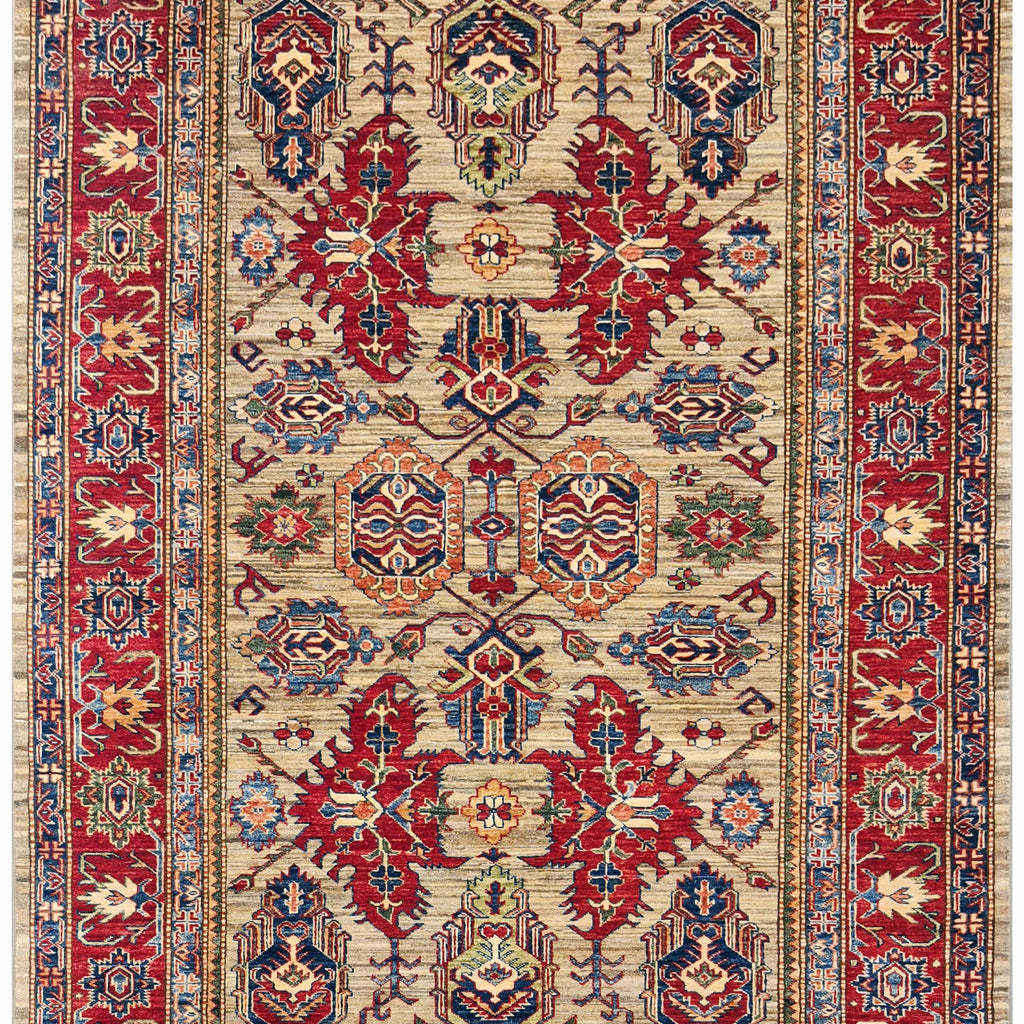 Super Kazak Geometric Handmade Wool Carpet Cream And Red Border - AR3936