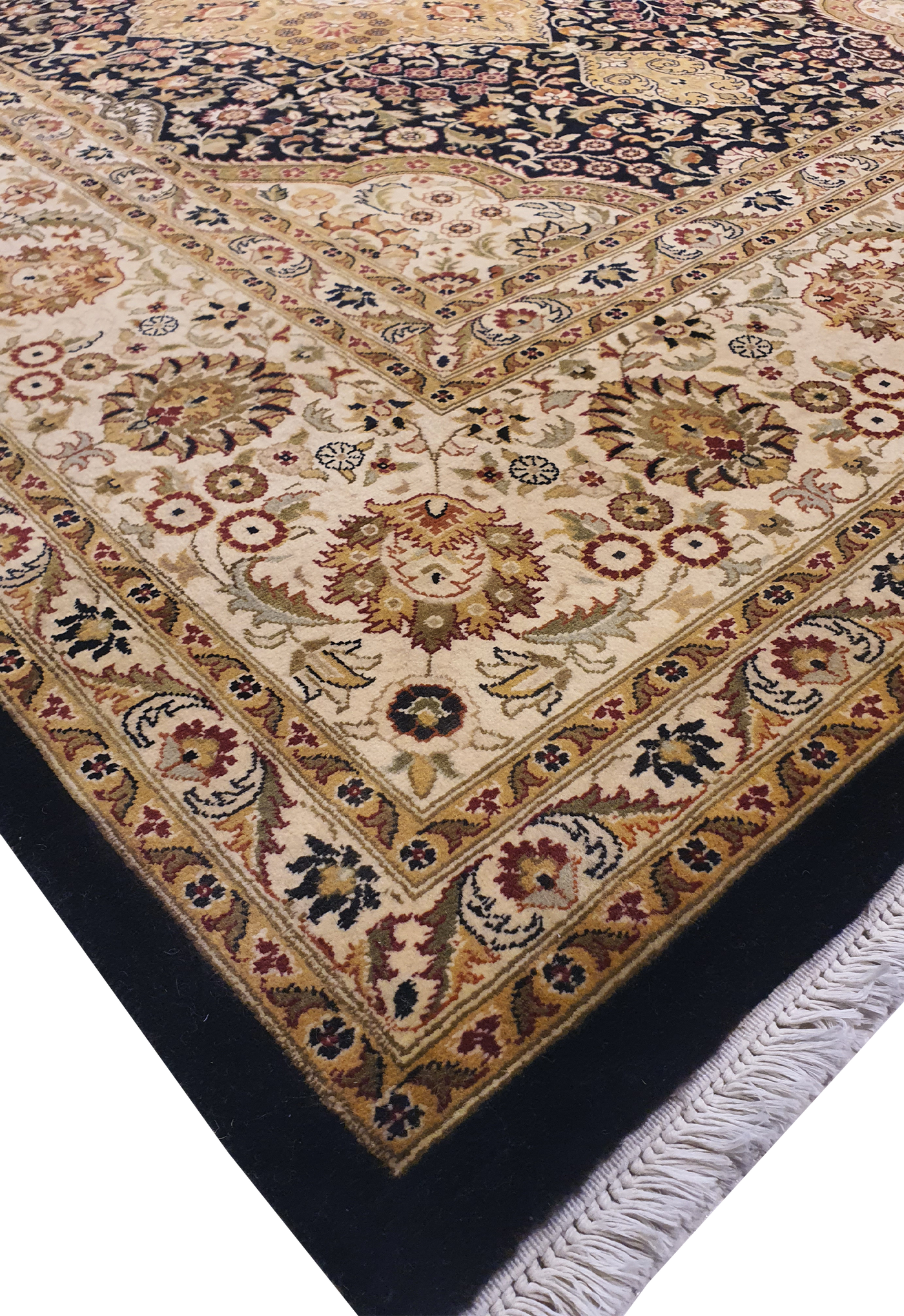SUPERFINE PAK PERSIAN ISFAHAN BABY LAMBS WOOL CREAM & BLACK WITH 5 BEAUTIFUL MEDALLION - AR3969