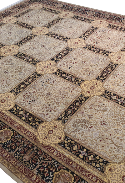 SUPERFINE PAK PERSIAN ISFAHAN ALLOVER BOXES DESIGN MADE OF BABY LAMBS WOOL LIGHT BROWN WITH DARK BORDER - AR3967