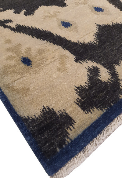 Superfine Persian Ikat Design Wool Allover Big Floral Motif Black and Cream-VP155