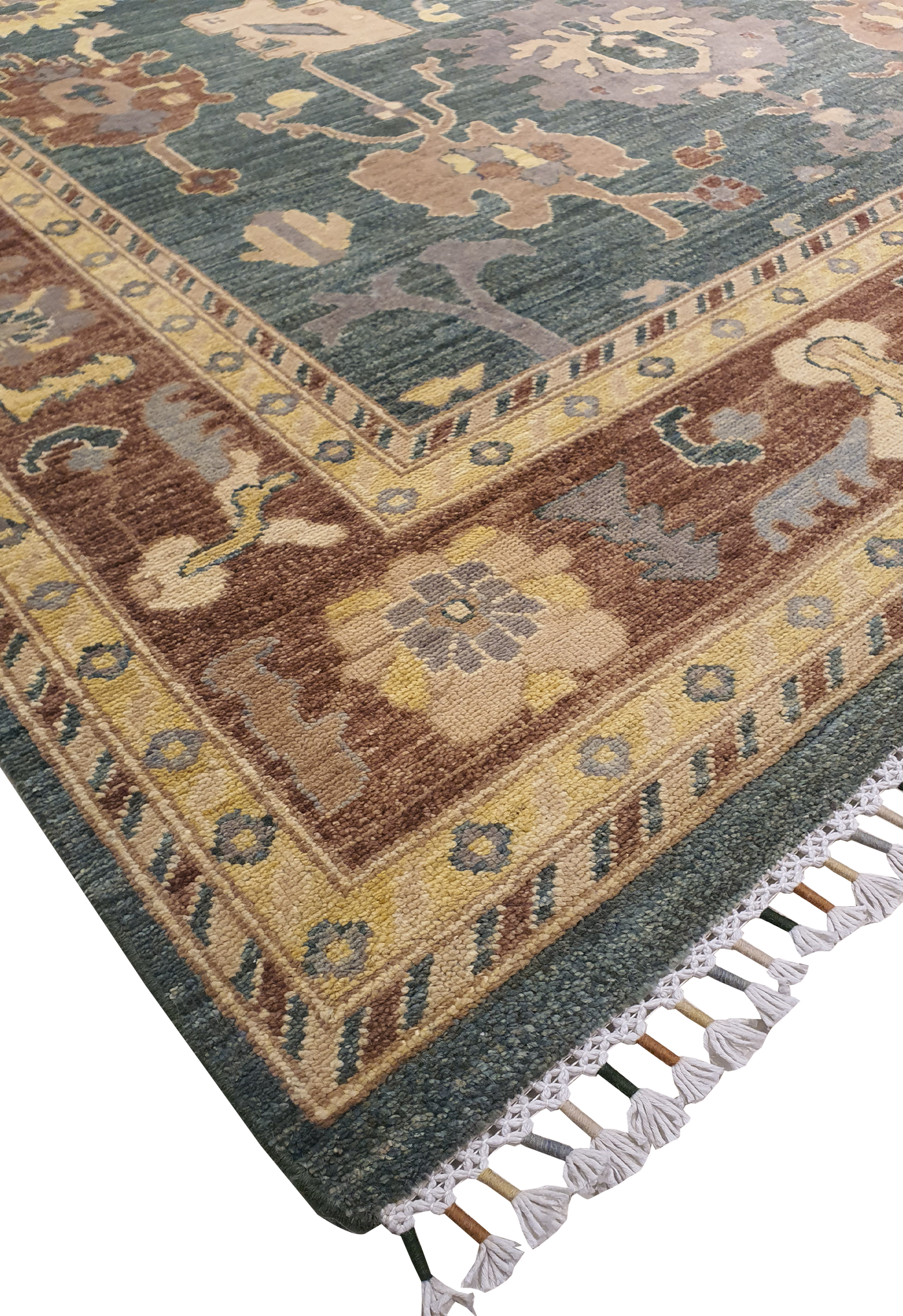 SUPERFINE HAND KNOTTED OUSHAK LIGHT GREEN WOOL WITH BEAUTIFUL & COLOURFUL MULTICOLOUR FRINGE - AR3970