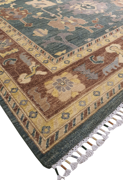 SUPERFINE HAND KNOTTED OUSHAK LIGHT GREEN WOOL WITH BEAUTIFUL & COLOURFUL MULTICOLOUR FRINGE - AR3970
