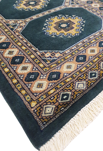 SUPERFINE BUKHARA GREEN & BROWN WITH 3 MEDALLION INLET SILK - AR3996