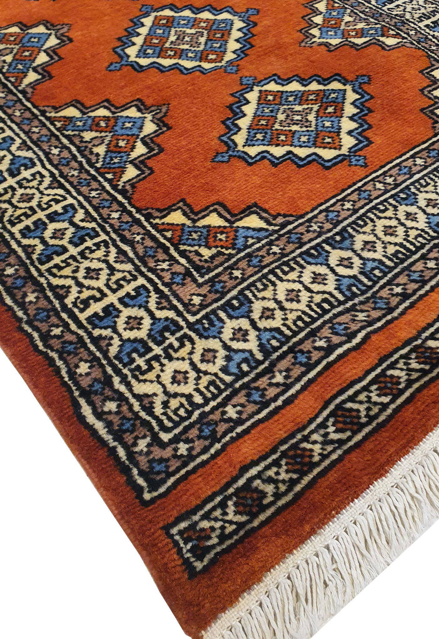 SUPERFINE BUKHARA ORANGE & BLUE WITH 3 MEDALLION & BROWN BORDER - AR3995