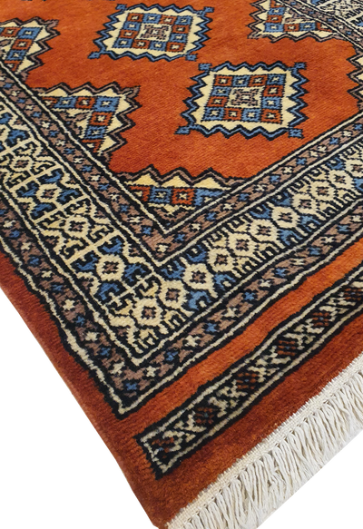 SUPERFINE BUKHARA ORANGE & BLUE WITH 3 MEDALLION & BROWN BORDER - AR3995