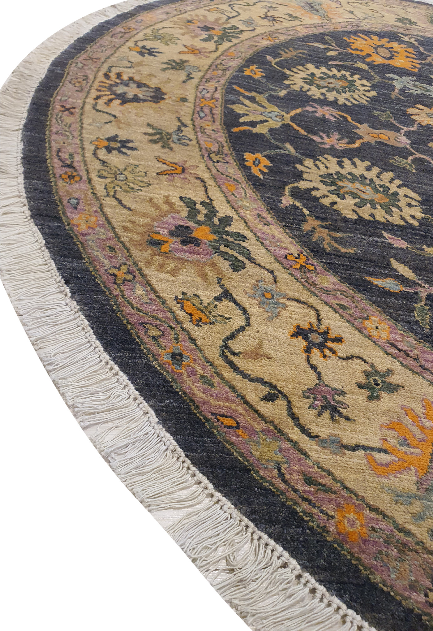 SUPERFINE HAND KNOTTED OUSHAK GREY WOOL ROUND WITH MULTICOLOUR FLOWERS MADE BY FINE HANDY FINE WOOL - AR3971