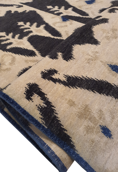 Superfine Persian Ikat Design Wool Allover Big Floral Motif Black and Cream-VP155