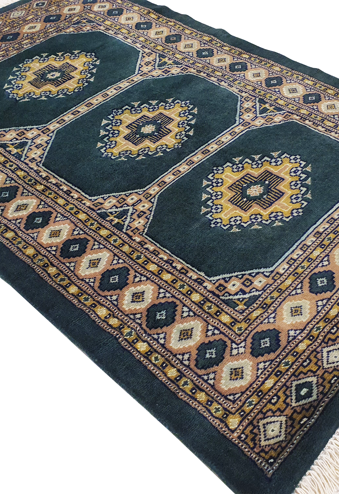 SUPERFINE BUKHARA GREEN & BROWN WITH 3 MEDALLION INLET SILK - AR3996