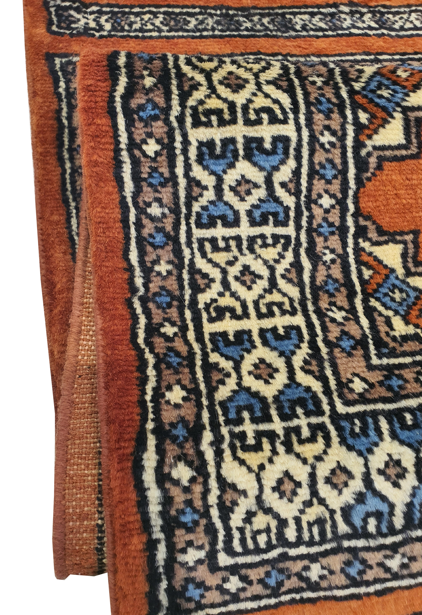 SUPERFINE BUKHARA ORANGE & BLUE WITH 3 MEDALLION & BROWN BORDER - AR3995