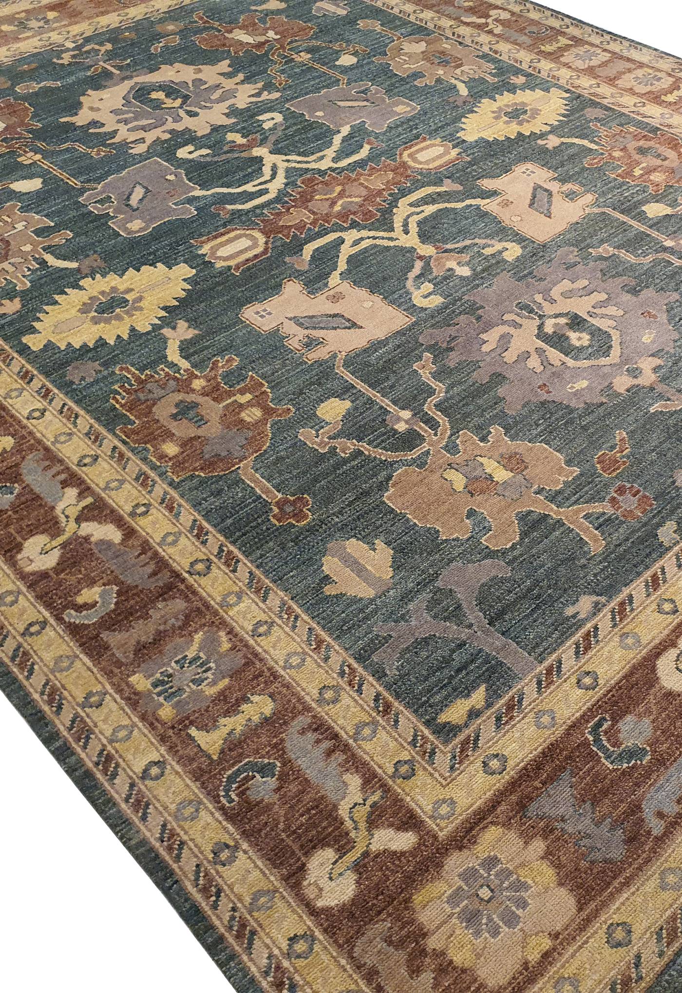 SUPERFINE HAND KNOTTED OUSHAK LIGHT GREEN WOOL WITH BEAUTIFUL & COLOURFUL MULTICOLOUR FRINGE - AR3970