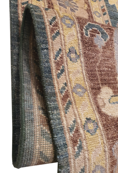 SUPERFINE HAND KNOTTED OUSHAK LIGHT GREEN WOOL WITH BEAUTIFUL & COLOURFUL MULTICOLOUR FRINGE - AR3970