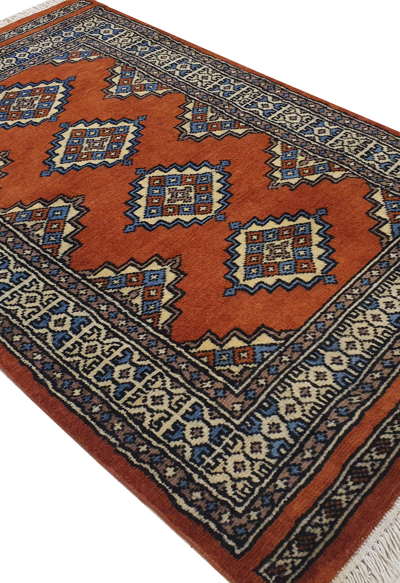 SUPERFINE BUKHARA ORANGE & BLUE WITH 3 MEDALLION & BROWN BORDER - AR3995
