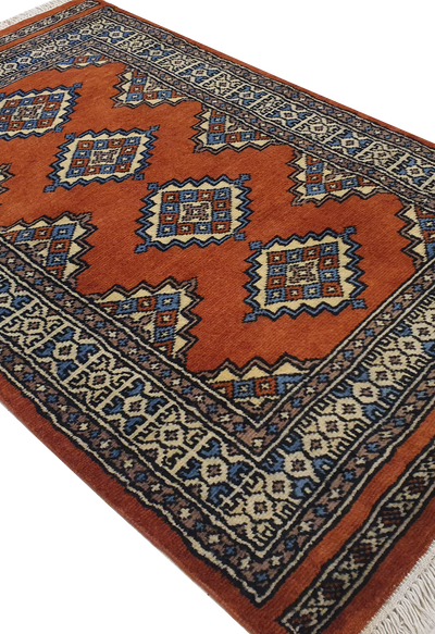 SUPERFINE BUKHARA ORANGE & BLUE WITH 3 MEDALLION & BROWN BORDER - AR3995