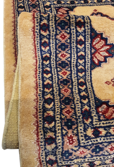 SUPERFINE BUKHARA YELLOW WITH RED & BLUE MOTIF SILK INLET - AR3997