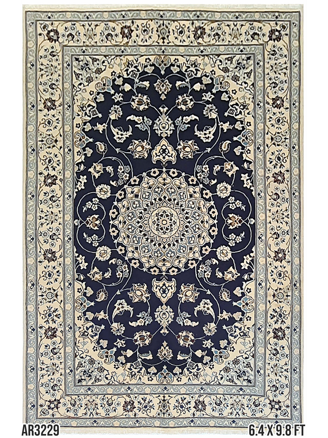 Superfine Persian Nain Blue With Cream Border - 6.4 X 9.8 FT - AR3229