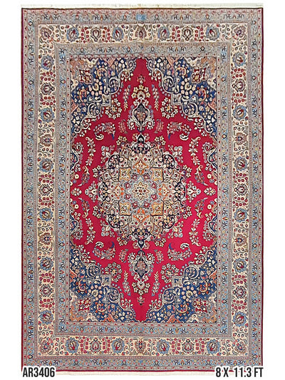 Superfine Persian Kirman Red and Blue With Cream Border - 8.0 X 11.3 FT - AR3406