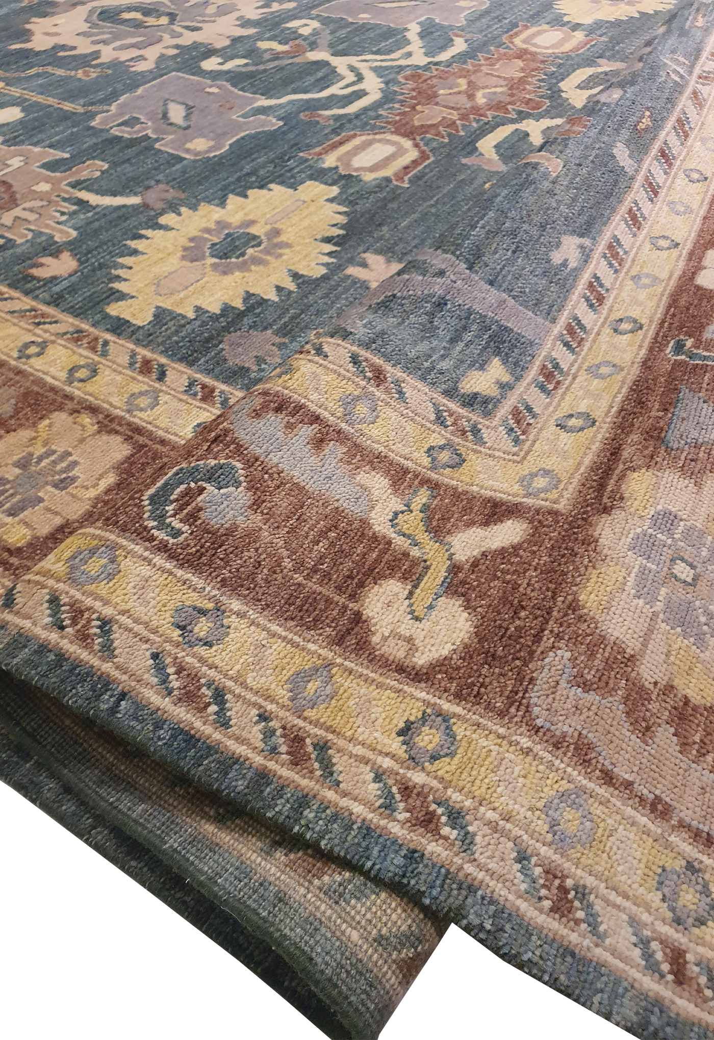 SUPERFINE HAND KNOTTED OUSHAK LIGHT GREEN WOOL WITH BEAUTIFUL & COLOURFUL MULTICOLOUR FRINGE - AR3970