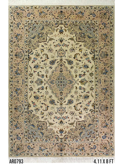 Persian Keshan Design Cream and Pink - 4.11 X 8.0 FT - AR0793