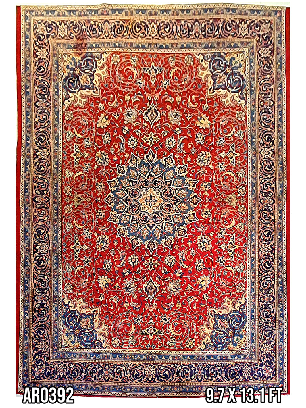 Kirman Bright Red Star Medallion and Blue Border - 9.7 X 13.1 FT - AR0392