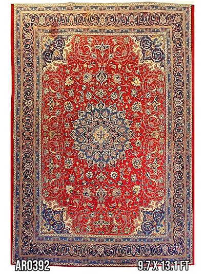 Kirman Bright Red Star Medallion and Blue Border - 9.7 X 13.1 FT - AR0392