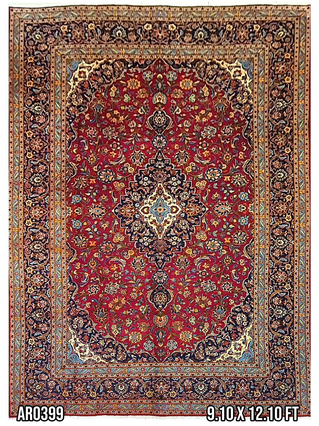 Persian Keshan Red, Blue, And White Medallion - 9.10 X 12.10 FT - AR0399