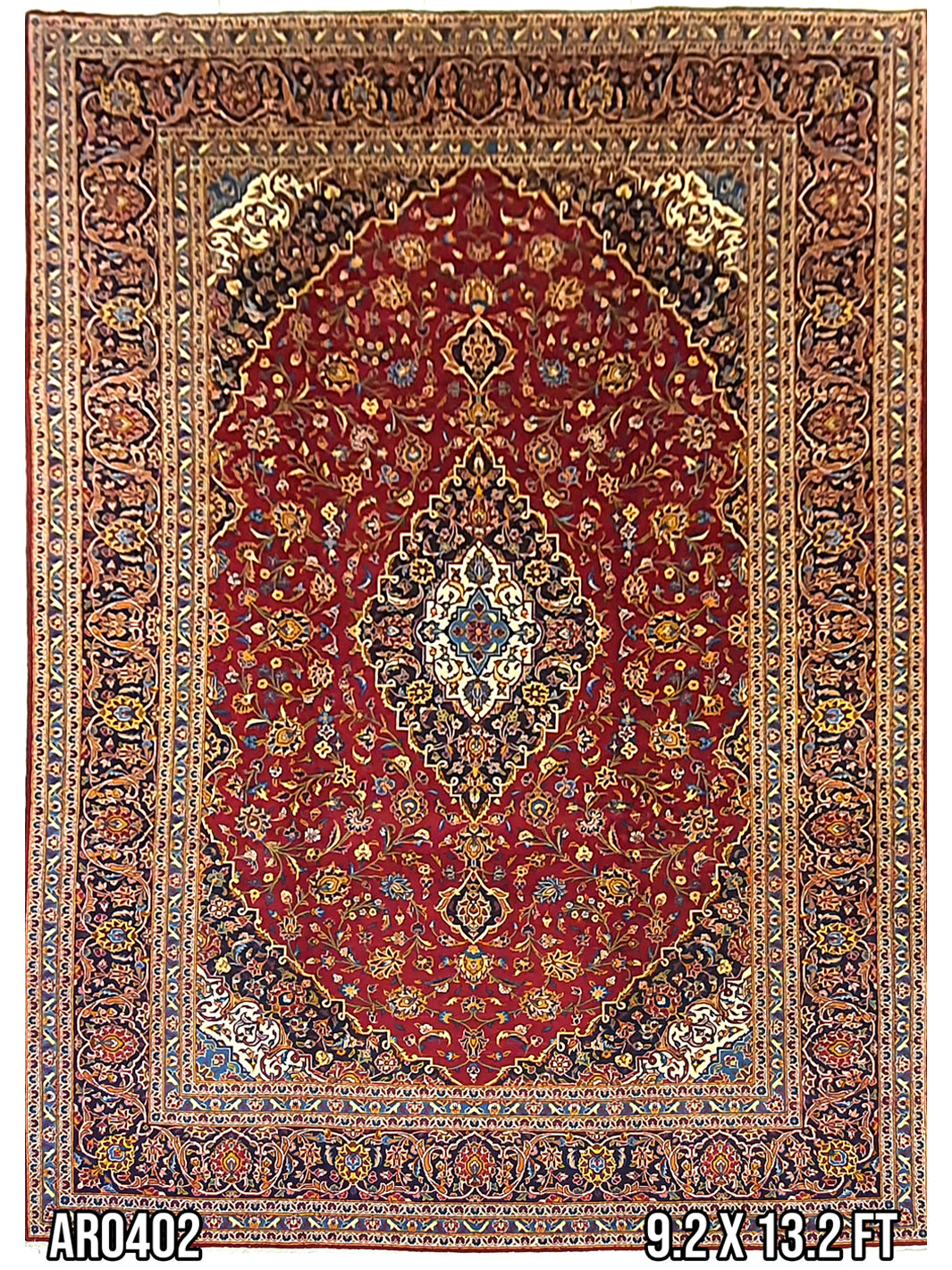 Persian Keshan Dark Red With Blue Border - 9.2 X 13.9 FT - AR0402