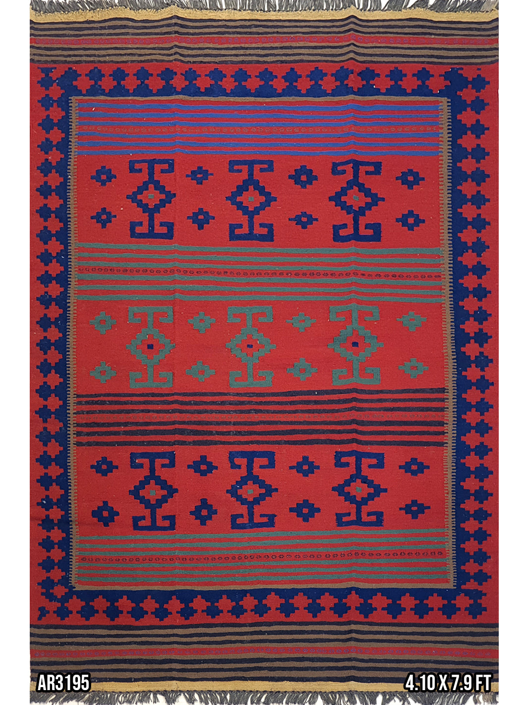 Afghan Killim Design Red and Blue - 4.10 x 7.9 FT - AR3195