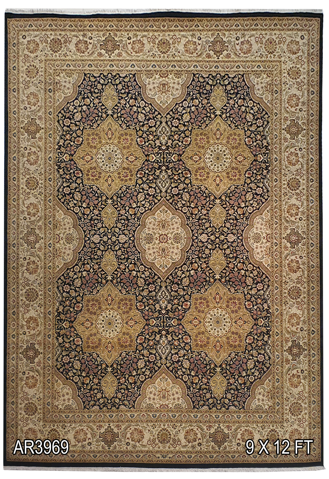 SUPERFINE PAK PERSIAN ISFAHAN BABY LAMBS WOOL CREAM & BLACK WITH 5 BEAUTIFUL MEDALLION - AR3969