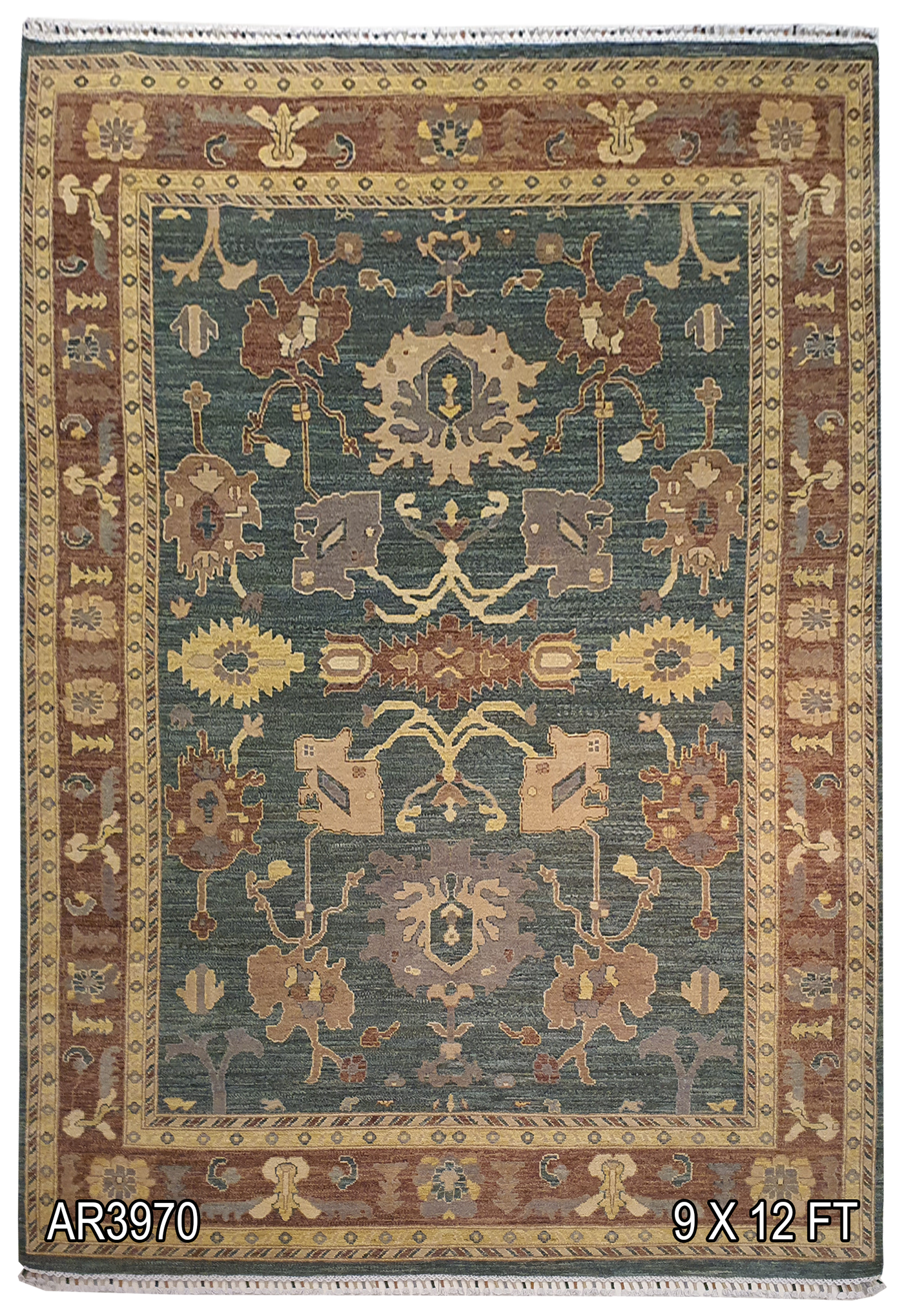 SUPERFINE HAND KNOTTED OUSHAK LIGHT GREEN WOOL WITH BEAUTIFUL & COLOURFUL MULTICOLOUR FRINGE - AR3970
