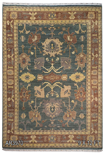 SUPERFINE HAND KNOTTED OUSHAK LIGHT GREEN WOOL WITH BEAUTIFUL & COLOURFUL MULTICOLOUR FRINGE - AR3970