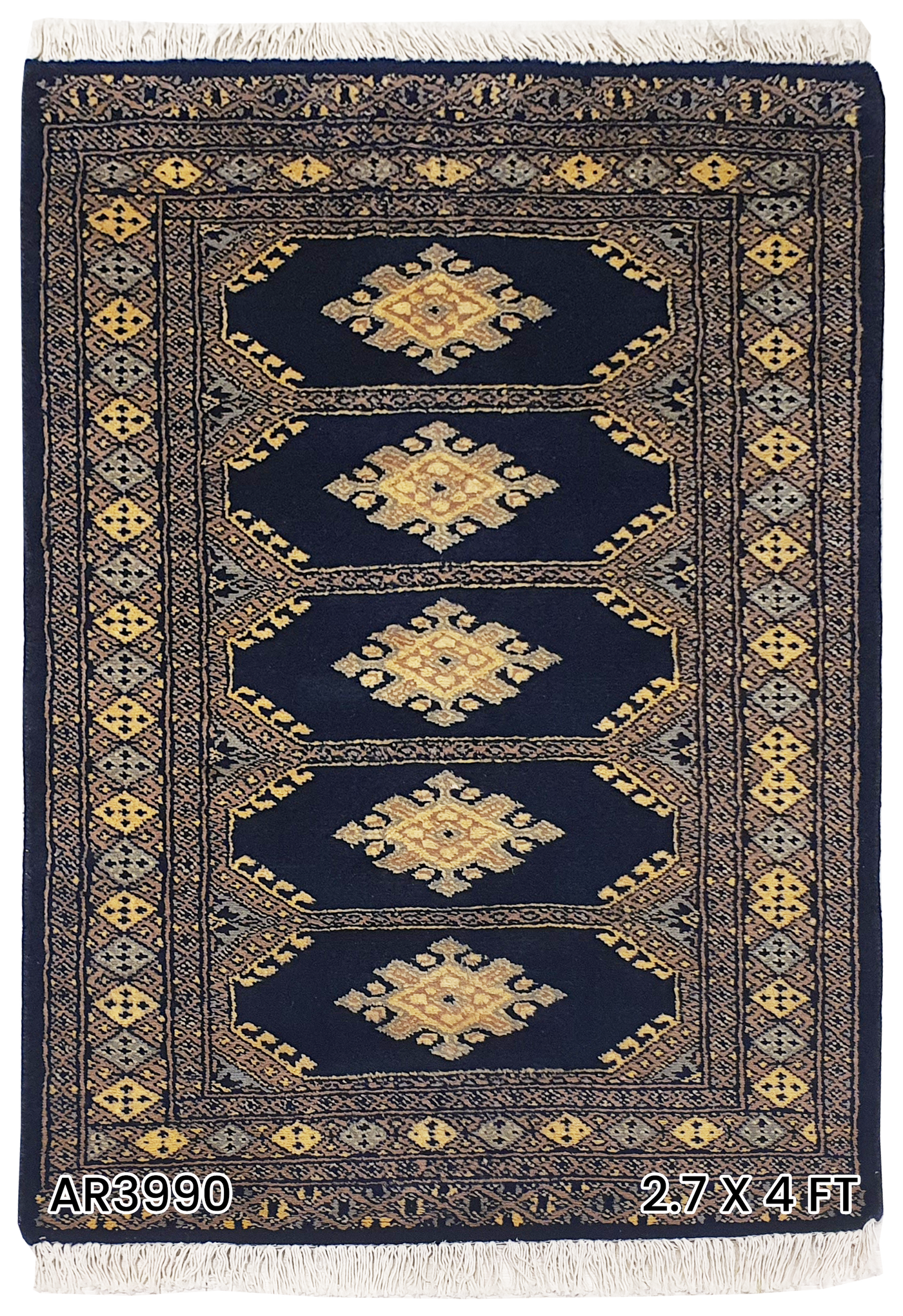 SUPERFINE BUKHARA DARK BLUE WITH 5 MEDALLION BROWN & GREY BORDER - AR3990