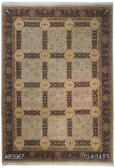 SUPERFINE PAK PERSIAN ISFAHAN ALLOVER BOXES DESIGN MADE OF BABY LAMBS WOOL LIGHT BROWN WITH DARK BORDER - AR3967