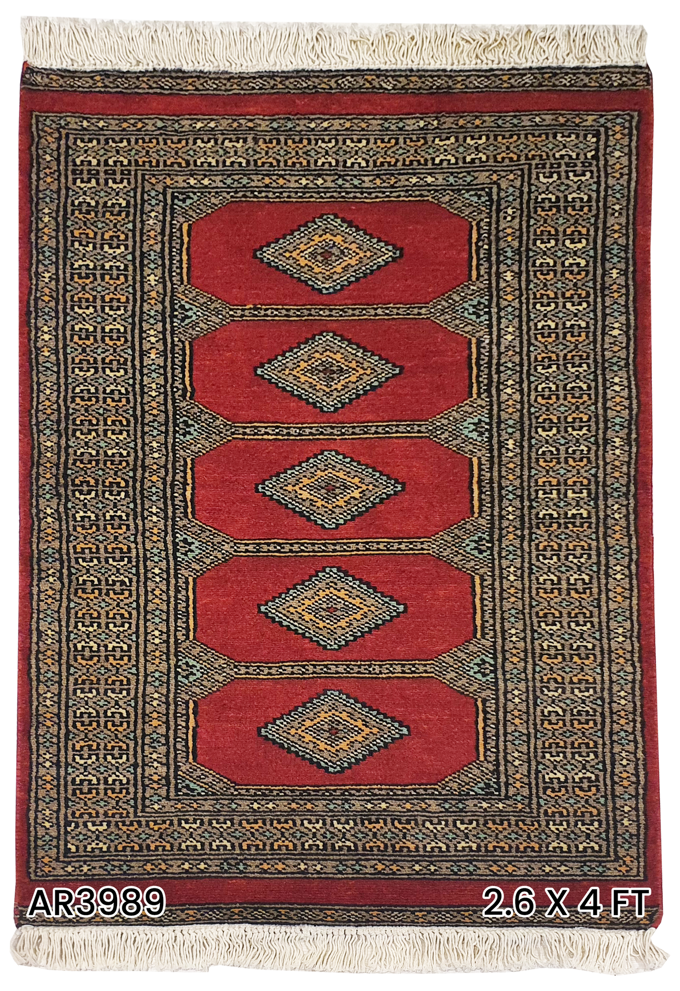SUPERFINE BUKHARA RED WITH 5 MEDALLION & GREY BORDER - AR3989