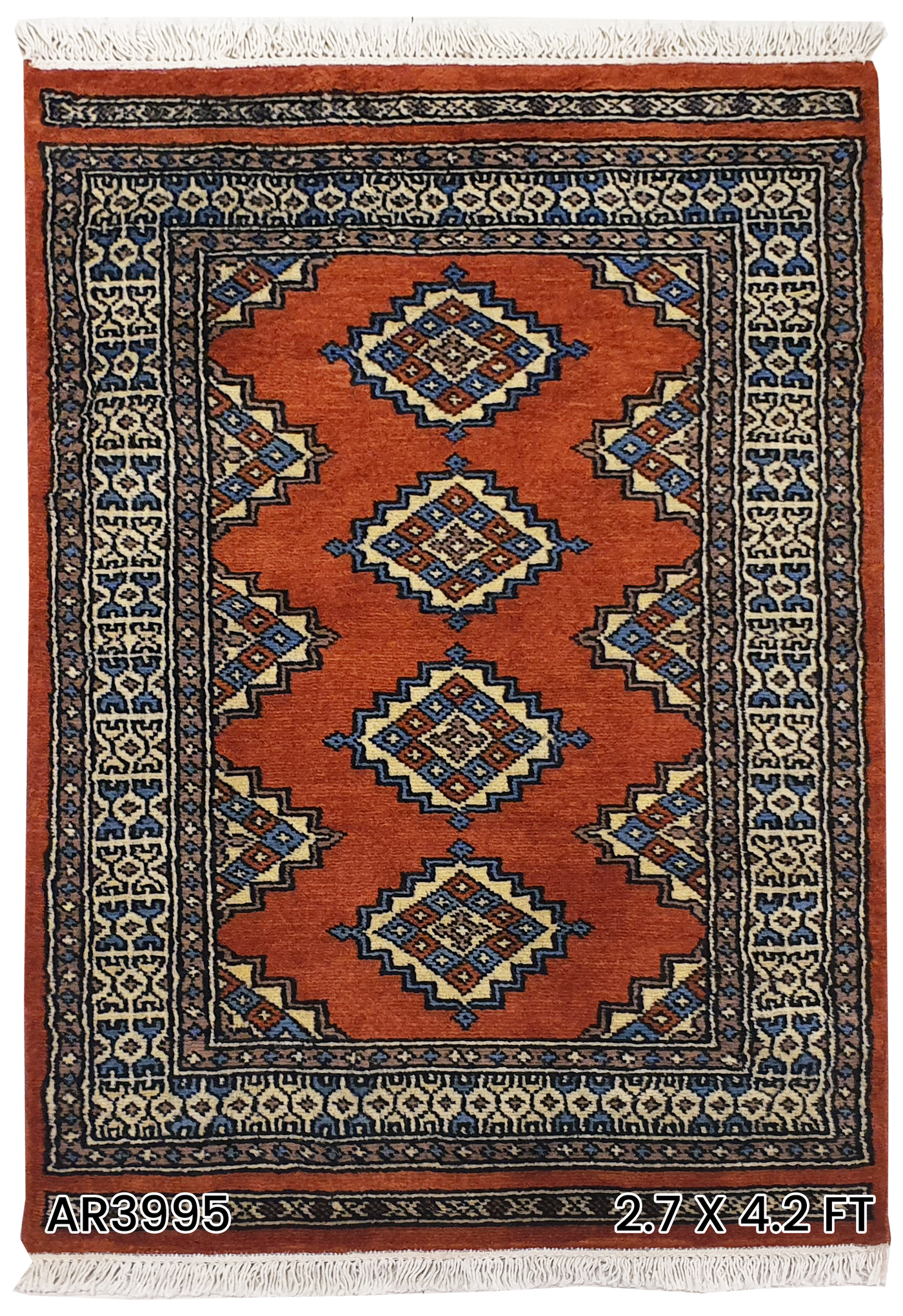 SUPERFINE BUKHARA ORANGE & BLUE WITH 3 MEDALLION & BROWN BORDER - AR3995