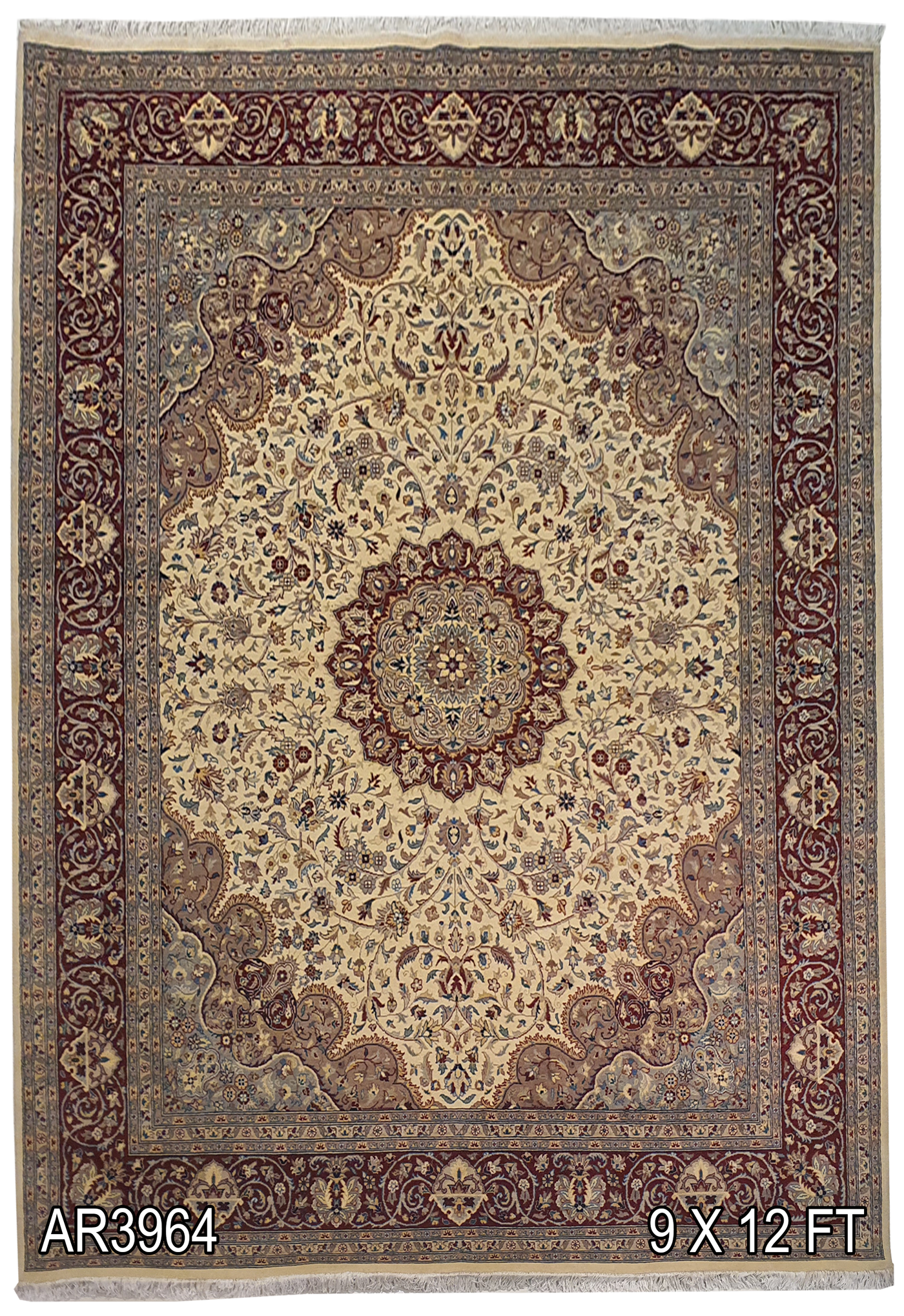 SUPERFINE PAK PERSIAN ISFAHAN WOOL CREAM WITH RED BORDER. THIS CARPET IS MADE OF FINE LAMBS' WOOL - AR3964