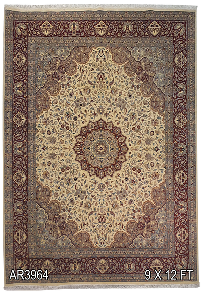 SUPERFINE PAK PERSIAN ISFAHAN WOOL CREAM WITH RED BORDER. THIS CARPET IS MADE OF FINE LAMBS' WOOL - AR3964