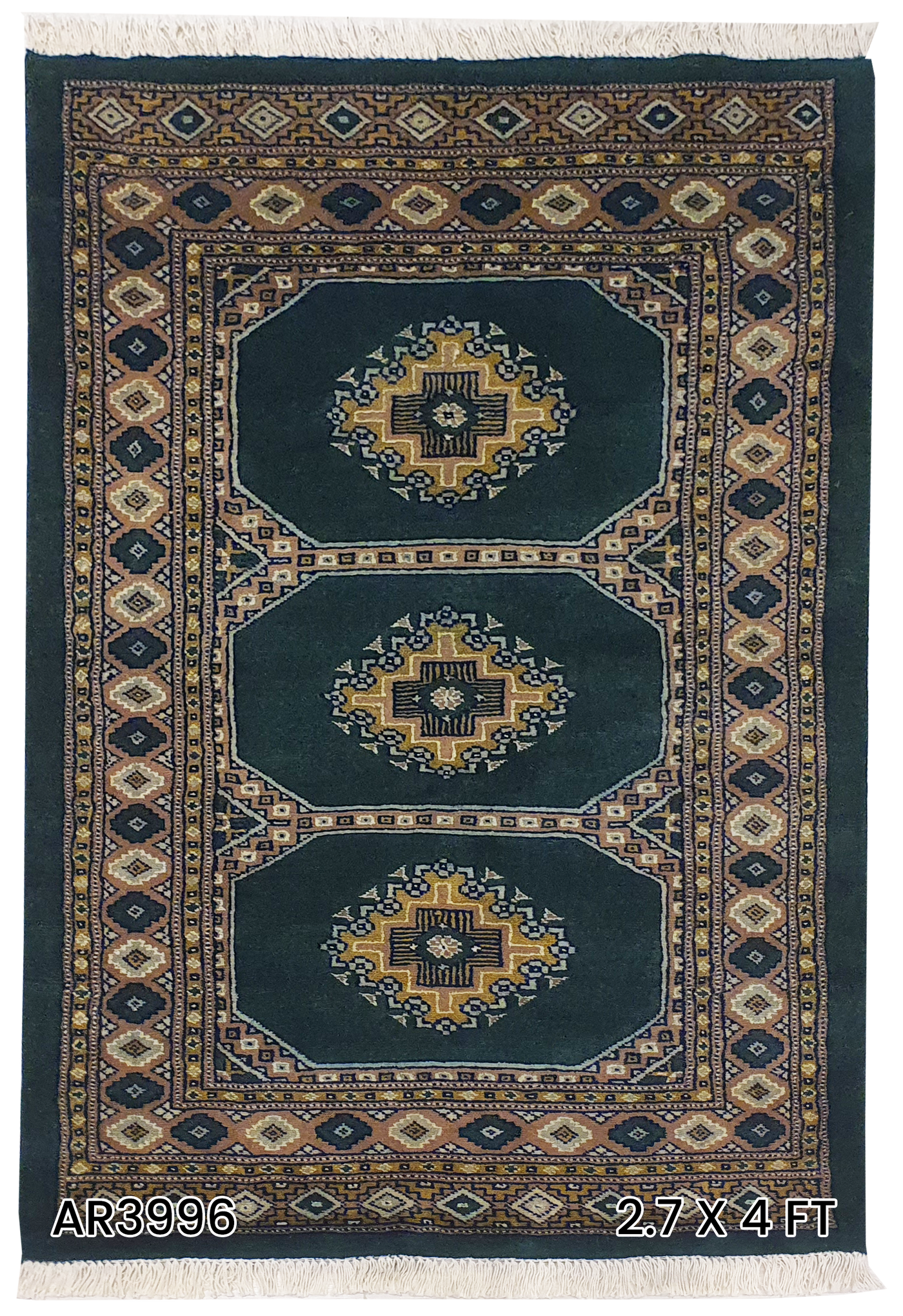 SUPERFINE BUKHARA GREEN & BROWN WITH 3 MEDALLION INLET SILK - AR3996