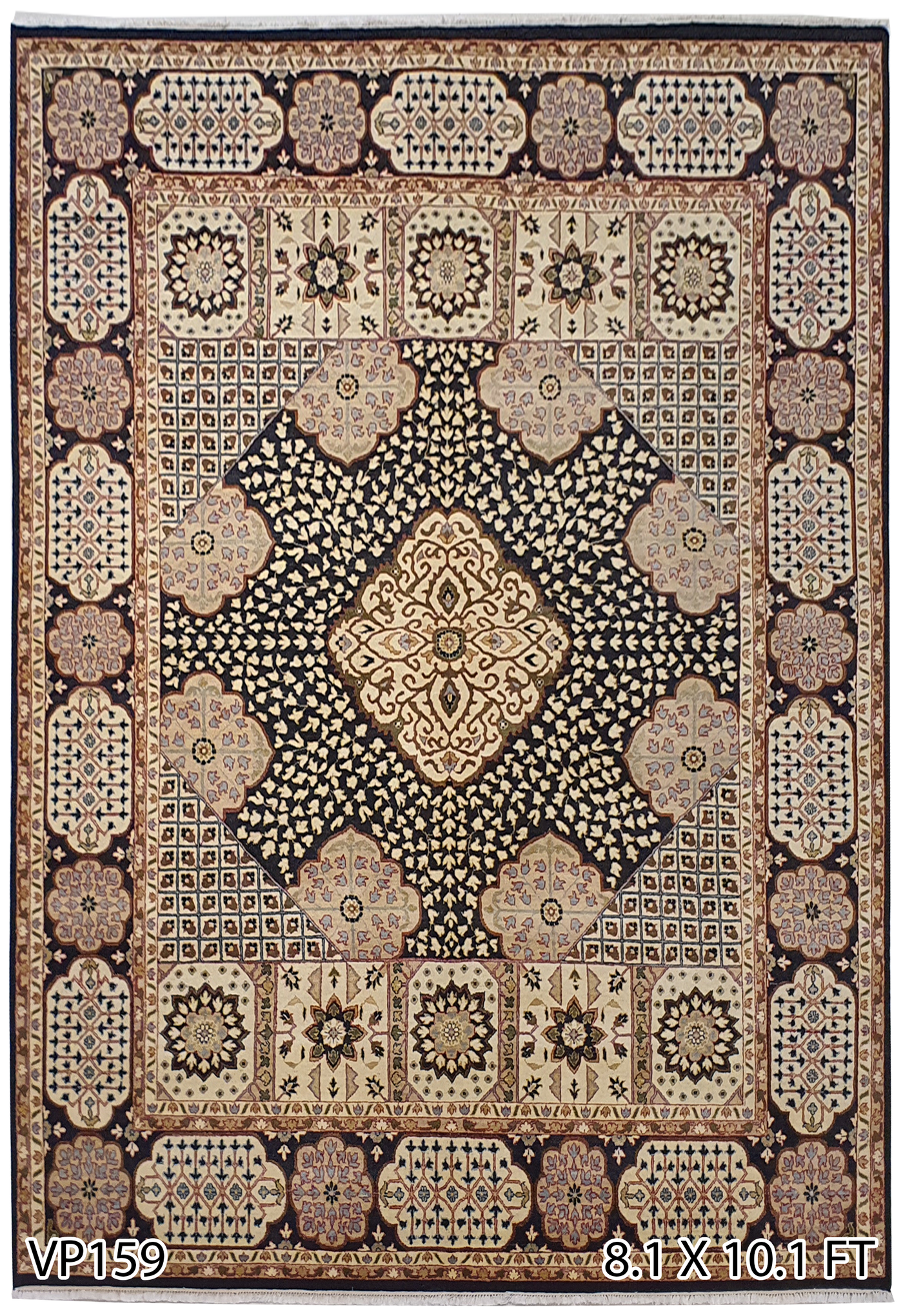 Superfine Persian Joshgan Wool Black With Beautiful Fine Work Of Art Geometric Design-VP159