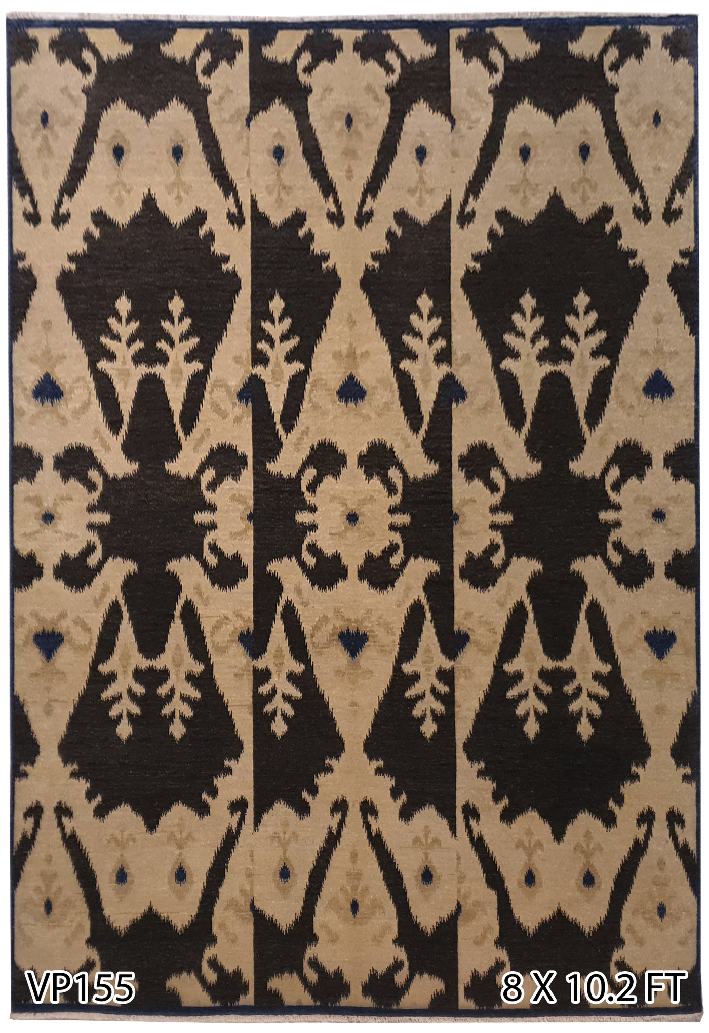 Superfine Persian Ikat Design Wool Allover Big Floral Motif Black and Cream-VP155