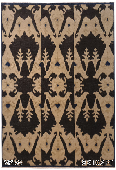 Superfine Persian Ikat Design Wool Allover Big Floral Motif Black and Cream-VP155