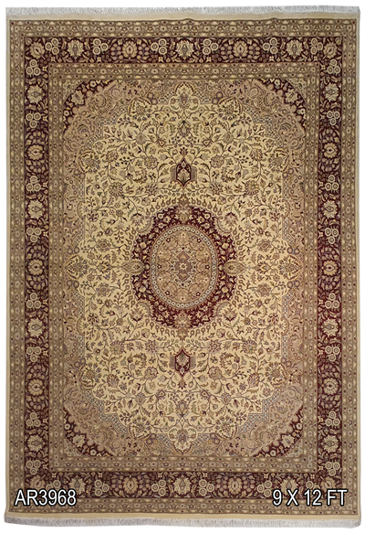SUPERFINE PAK PERSIAN ISFAHAN CENTRE MEDALLION CREAM WITH RUST BORDER MADE OF BABY LAMBS WOOL - AR3968