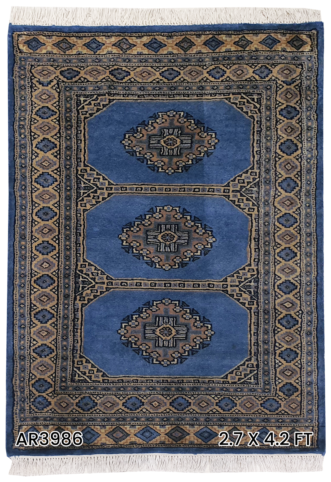 SUPERFINE BUKHARA LIGHT BLUE WITH 3 MEDALLION CREAM & GREY BORDER - AR3986