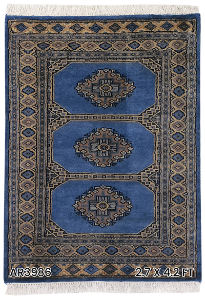 SUPERFINE BUKHARA LIGHT BLUE WITH 3 MEDALLION CREAM & GREY BORDER - AR3986