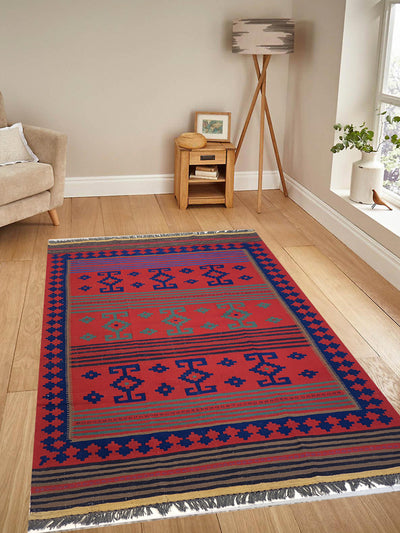 Afghan Killim Design Red and Blue - 4.10 x 7.9 FT - AR3195