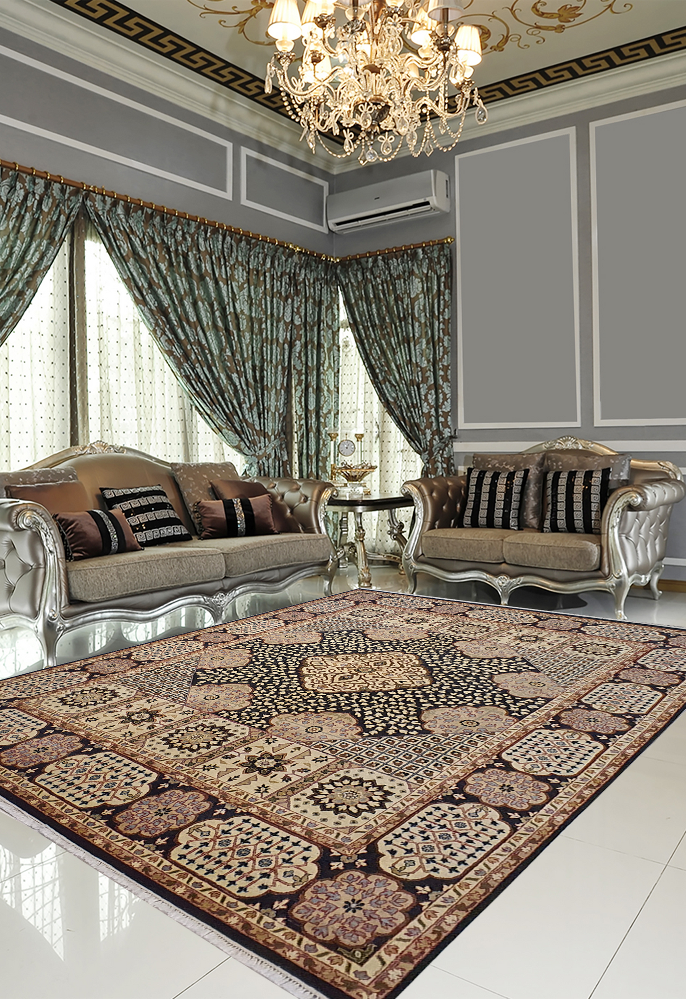 Superfine Persian Joshgan Wool Black With Beautiful Fine Work Of Art Geometric Design-VP159