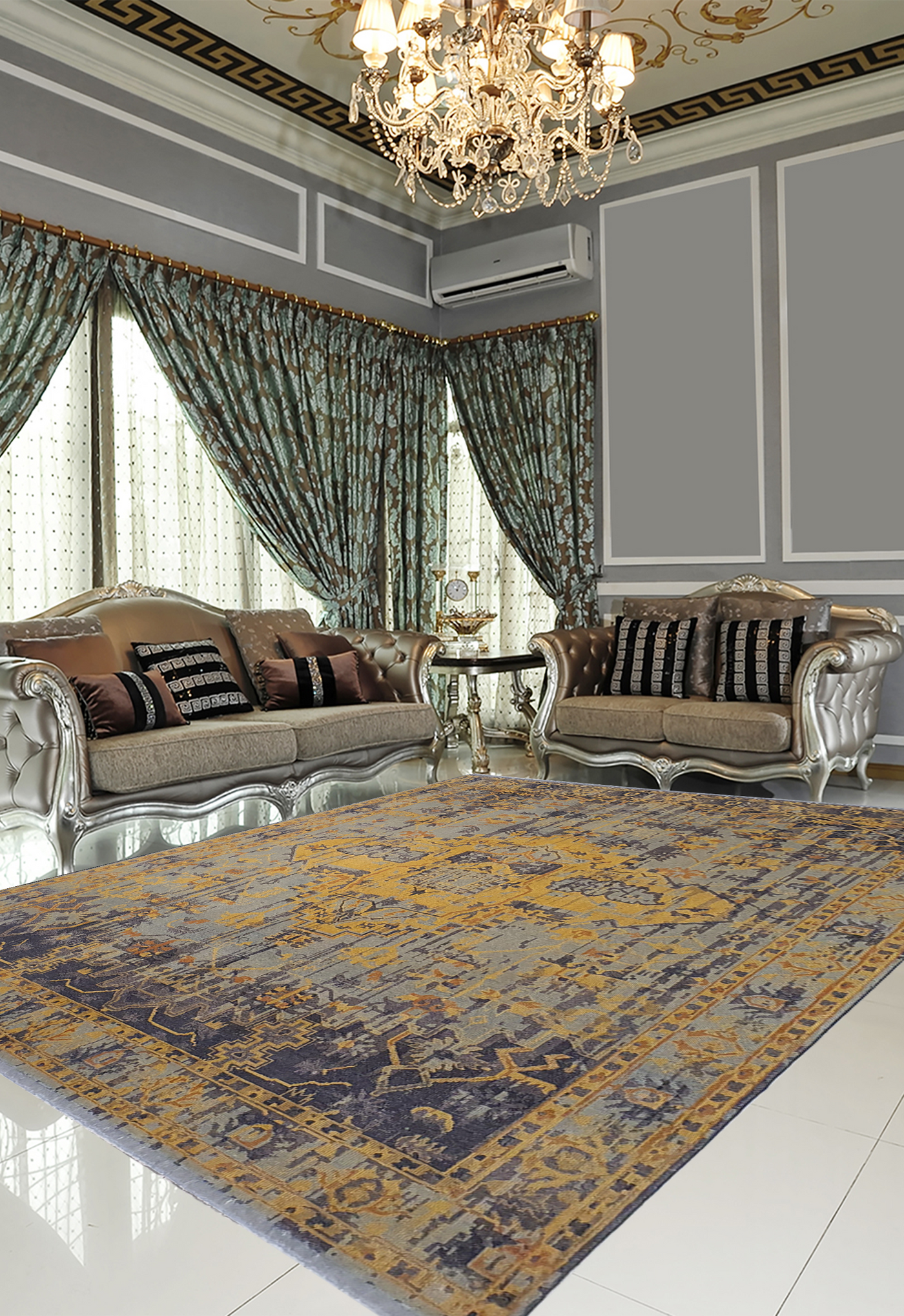 Superfine Galaxy Classic Vintage Brown and Blue Kirman Motif-VP175