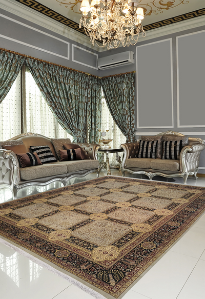 SUPERFINE PAK PERSIAN ISFAHAN ALLOVER BOXES DESIGN MADE OF BABY LAMBS WOOL LIGHT BROWN WITH DARK BORDER - AR3967