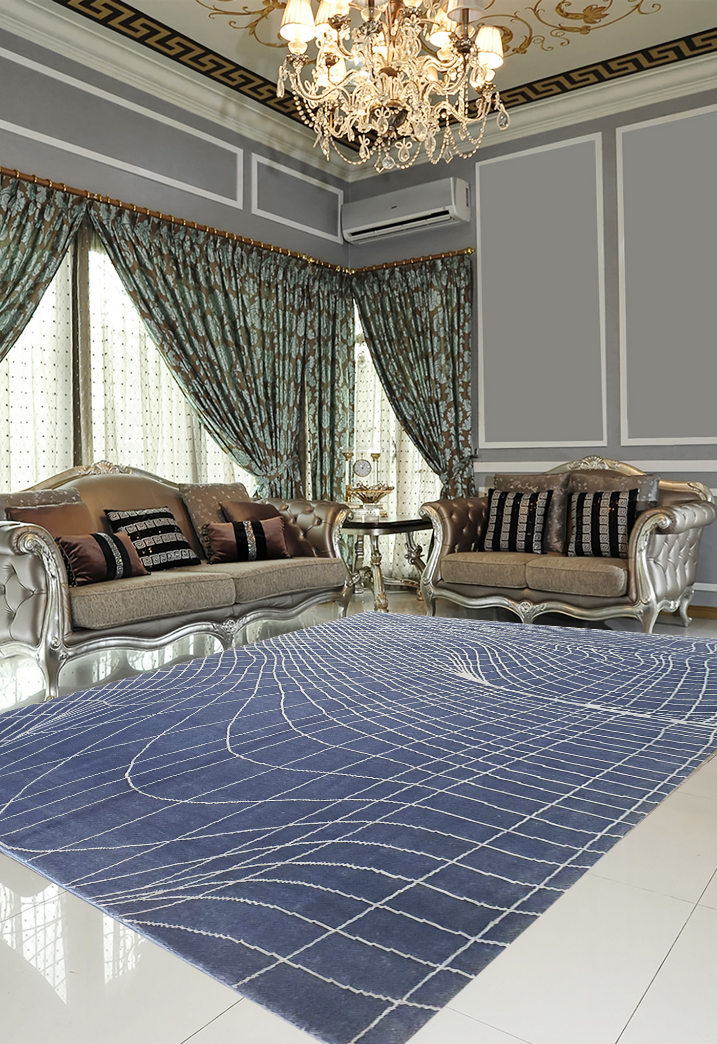Superfine Modern Abstract Design Allover Lines Motif Grey With White Silk Motif-VP149