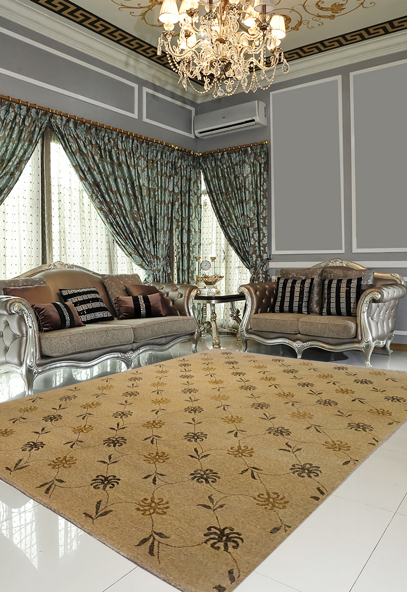 Superfine Persian Classic Vector Shapes Design Wool Light Brown With Yellow and Brown Flowers-VP156
