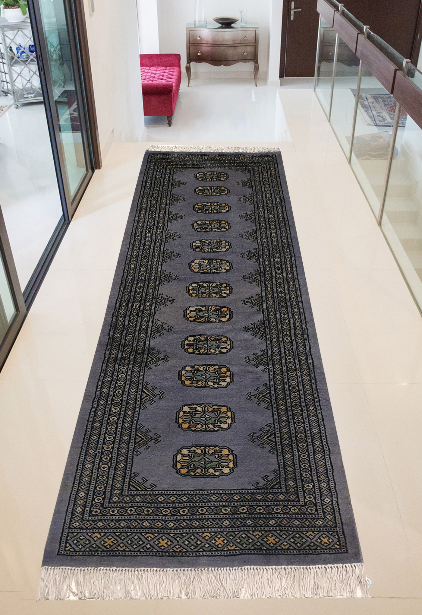 SUPERFINE BUKHARA WOOL GREY RUNNER WITH ELEPHANT FOOT MOTIF - AR3976